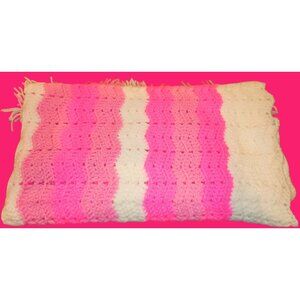 Handmade Crochet Blanket With Pink & White Stripes NEW 45X38